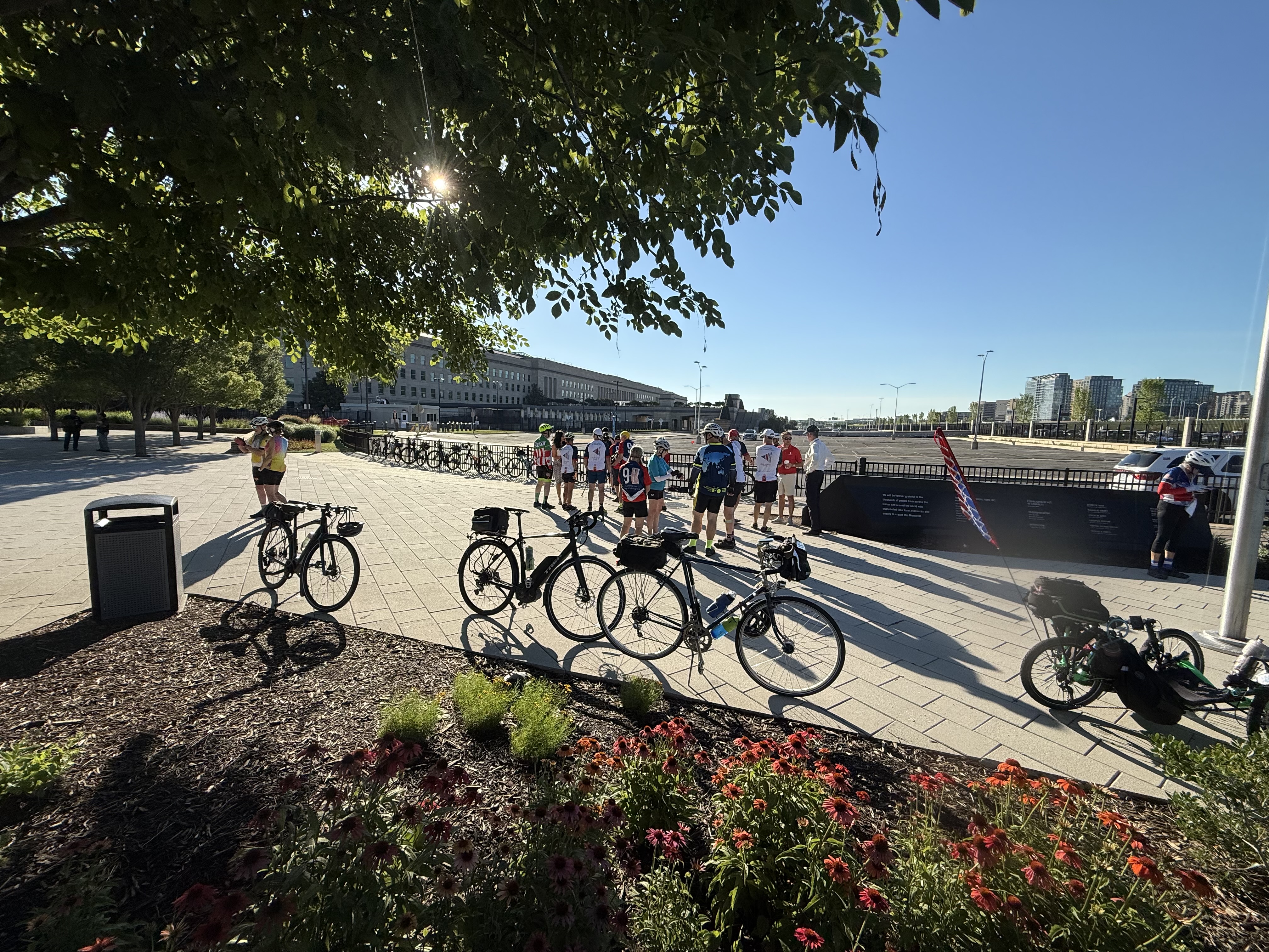Bicycles lined up at Pentagon Memorial prior to departing
