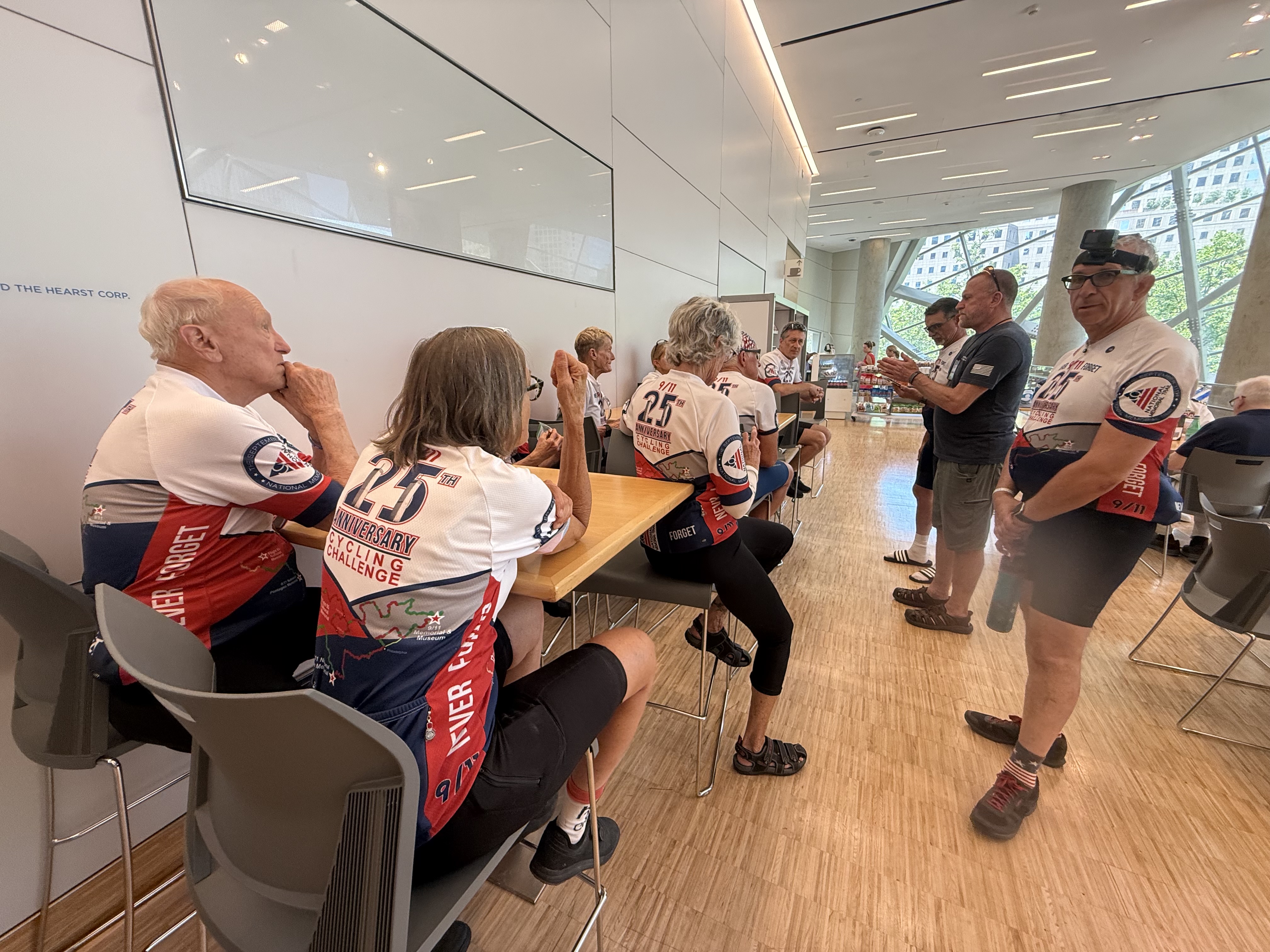 Tim Brown speaking to the cyclists at Ground Zero
